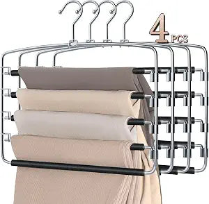 SINDAX Pants Hangers Space Saving - 4Pack, 5 Layers Space Saving Hangers, Sturdy Stainless Steel Pant Rack with Anti-Slip Swing Arm, Closet Organizers and Storage for Trousers Jeans