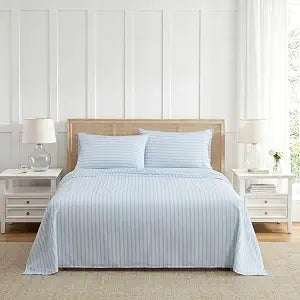 Martha Stewart - Queen Sheet Set with Fitted Sheet & Pillowcases, Soft & Lightweight Bedding, Deep Pocket, Tate Stripe Blue