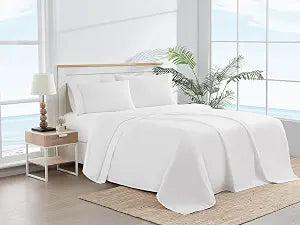 SCOUT 100% Cotton 200 Thread Count Percale Pick Stitch White/Navy 5-Piece Split King Sheet Set, Solid Themed, Adult Bedding, Oeko-TEX Certified