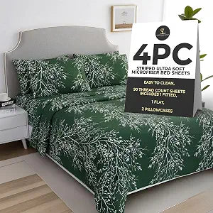 Home 4-Piece Elegant Soft Bed Sheet Set - King, Hunter/White