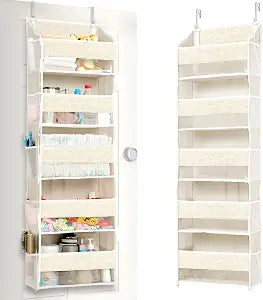 ULG 1 Pack Over Door Organizer with 5 Large Pockets 10 Mesh Side Pockets, Upgraded Linen Texture Over The Door Storage, 44 lbs Weight Capacity Hanging Storage Organizer, Ivory