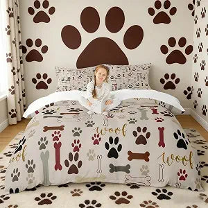Dog Paw Print Duvet Cover Set Full Size,Bone Pattern Bedding Set 3pcs for Kids Teens Girls Boys Room Decor, Pet Animal Comforter Cover Cartoon Quilt Cover with 2 Pillowcases