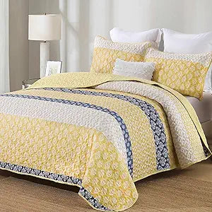 Cottolester Boho Full Size Quilt Set, Yellow Striped Bedspread Bedding
