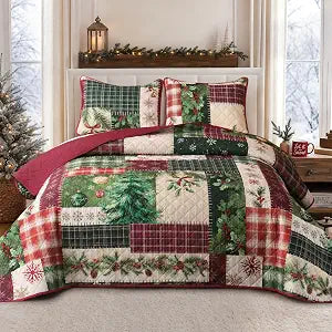 3 Piece Christmas Quilts Queen Size Patchwork Quilt Bedding Set with 2 Pillow Shams Reversible Comforter with Holiday Tree, Holly Berry & Plaid for Xmas Bedroom Decor, Red (90'' X 90'')