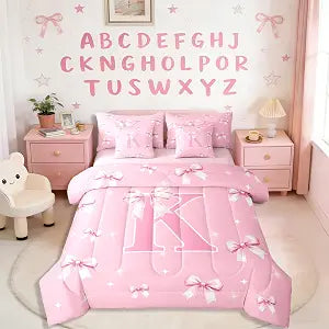 Erosebridal Kawaii Letter Princess Bed in A Bag 7 Pcs Pink Coquette Bowknot Comforter Set for Kids Girls Cute Monogrammed K Bedding Sets Twin Watercolor Starry Butterfly Knot Sheet Set with Comforter