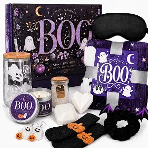 Halloween Gift Basket for Women, Boo Basket Stuffers for Her with 3.3 x 5 ft Blanket, 16 oz Ghost Glass Cup, Lavender Spa Set, Candle, Bath Salts, Soap, Socks and Accessories, Purple