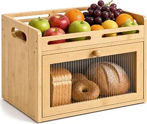 Bread Box for Kitchen Countertop, Bamboo Storage Container with Top Shelf
