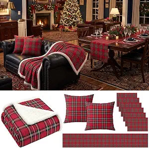 Tingjoo 10 Pcs Christmas Scottish Tartan Plaid Decoration Set for Home, Red