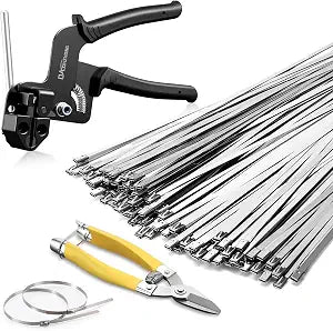 Heavy Duty 304 Stainless Steel Cable Tie Gun Kit - 100PCS 11.8" Metal Zip Ties (200LBS) + Industrial Scissors, UV Resistant Tool - Fence Ties, Exhaust Pipe, Chicken Coop, Industrial Use