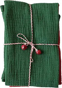 Creative Co-Op me: Woven Cotton Double Cloth Tea Towels with String and Bells, Multicolor, Set of 3