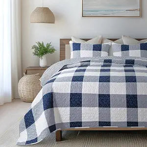 Soul & Lane - Blue and White Buffalo Plaid Quilt Set, King with 2 Shams
