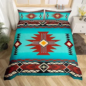 Southwest Duvet Cover Set Queen Size,Geometric Aztec Tribal Striped Print Comforter Cover Rustic Western Bedding Set for Kids Girls Woman Men Room Decor,Adult Retro Turquoise Red Quilt Cover 3Pcs