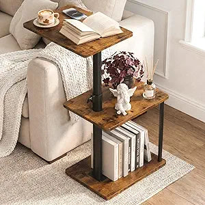 Faesun 360 Swivel Side Table for Height Adjustable, C Shaped End Table for Couch with Storage, 3-Tier Night Stand with Open Shelf, Tv Tray for Small Spaces, Living Room, Bedroom, Rustic Brown
