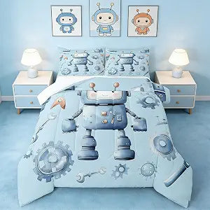 Manfei Cartoon Robot Kids Comforter Set Twin Size,Cute Intelligent Toys Theme Bedding Set,Boys Girls Room Decor,Modern Equipment Mechanical Tools Down Comforter,Blue Duvet Insert,1 Pillowcase
