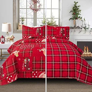 Smuge Christmas Bedspread Quilt Sets Queen Size - Santa Claus Elk Car Plaid New Year Winter Holiday Coverlet Bed Set Xmas Bedding Sets Bedroom Decor
