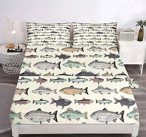 LUVIVIHOME 4PCS Fishing Sheets Set, Twin Bed Sheets, Hunting Lodge Country Rustic Farmhouse Pike Bass Fish Bedding, Fishing Gifts for Men Teen Boys, 1 Fitted Sheet & 1 Flat Sheet with 2 Pillowcases
