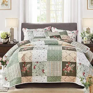 Patchwork Quilts Set King Size - 3 Pieces Floral Quilt Set Green White Plaid with Rose Red Flower Style Bedspreads Coverlets Floral Quilt Bedding Set with Geometric Stripes Pattern