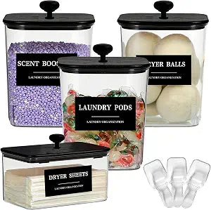 Laundry Detergent Pods Container & Dryer Sheet Holder with Lid, Clear Laundry Detergent Powder Dispenser with Labels, Plastic Laundry Containers for Organizing Laundry Room Organization and Storage