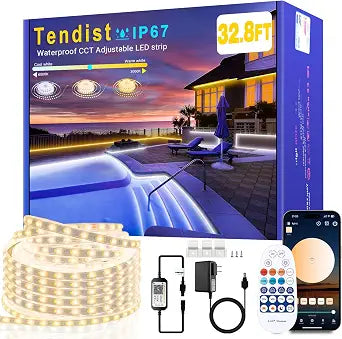 Outdoor LED Strip Lights Waterproof IP67, Dimmable 3000K-6500K Warm White LED Rope Lights Outdoor Waterproof with Remote & APP, 24v Adhesive Exterior Lighting for Patio, Deck, Gazebo (32.8FT/10M)
