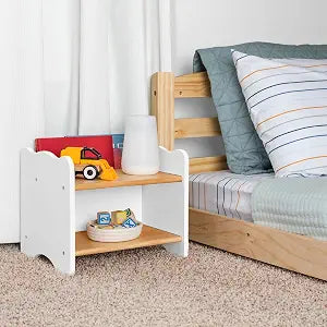 Ocodile The Original Kids Nightstand for Floor Beds, Solid Wood Small Bedside Table with Book Pocket, Low Tiny Nightstand for Nursery, Toddler & Kids Room, Montessori Style Side Table - White