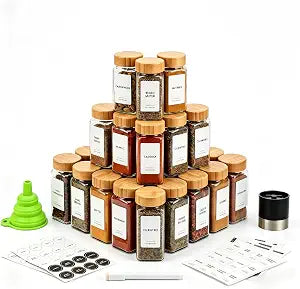 Spice Jar Set, 24 Pcs 4oz Glass Spice Jars with Labels and Bamboo Lids, Square Spice Bottles with Shaker Lids for Cabinet, Drawer, Pantry and Spice Rack Organization