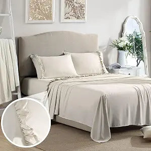 Swift Home Ultra-Soft Elegant 2-inch Ruffled Hem Design on Flat Sheet and Pillowcases, Wrinkle Resistant, Fade Resistant, Deep Pocket, Double Brushed 4-Piece Microfiber Sheet Set - Queen, Taupe