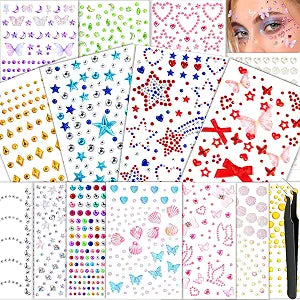 FANDAMEI Face Gem Stickers, 15 Sheets Self Adhesive Face Gems, Bedazzling Rhinestone Stickers for Face Body Hair Nail Art, Multi-Style Sticker Gems Jewel Stickers for Kids Women Halloween Make Up