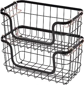 Amazon Basics Stackable Metal Wire Rectangular Storage Baskets for Kitchen, Bathroom or Pantry Organizing, 2 Count, Black
