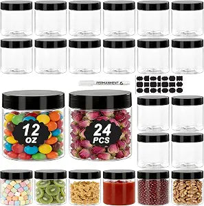 24 Pack 12 oz Plastic Jars with Lids, 12oz Clear PET Jars Containers with Airtight Black Lids, Plastic Storage Jar with Pen & Labels for Dry Food Kitchen Craft Storage Office Storage