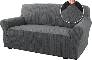 H.VERSAILTEX Couch Cover 1 Piece Stretch Sofa Covers Washable Furniture Covers Anti-Slip Soft Dogs Slipcovers Washable Upgrade Thick Jacquard Fabric with Spiral Pattern(58"-70", Grey)