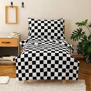 4Pieces Black Plaid Toddler Bedding Sets Checkerboard Toddler Comforter Sets Soft Kids Bedding Comforter Sets Quilt Blanket