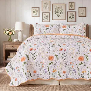 Quilt Set 3 Piece Lightweight Bedspread with Floral Pattern Soft Microfiber Coverlet for All Season Use Bedroom Guest Room Decor (Orange, Queen, Yellow Flowers)