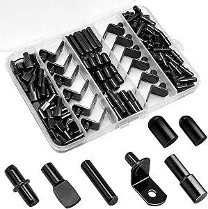144Pcs Shelf Pins Pegs Kit,5 Styles Metal Shelf Support Pegs,Cabinet Pegs for Shelves,Dual Diameter Shelf Pins with Silicone Covers,Shelf Bracket Holders for Glass Corner & Wood Shelves-Black