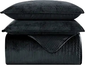 Elegant Comfort Luxury 3-Piece Velvet Corduroy Stripe Quilt Set, Ultra Soft Bedspread - Cozy Velvet Coverlet Set - 3PC Medium Weight Quilted Set with Matching Pillow Shams, Twin, Black