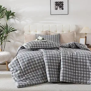 Caressma Gray Checkered Twin Comforter Set, Plaid Gingham Bedding Set