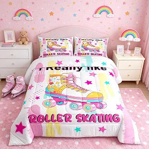 Roller Skating Comforter Set Twin Size,Cartoon Roller Skating Shoes Bedding Set,Pink Blue Yellow Stars Grafftic Quilt Set for Kids Girls Boys Teens Room Decor,Sports Gaming Duvet Insert 2Pcs