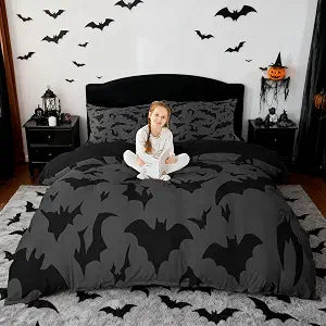 Bats Pattern Bedding Set,Night Comforter Cover Set for Teens Women Room Decor,Bats Duvet Cover Breathable Black and Gray Bedspread Cover Full Size(No Comforter)