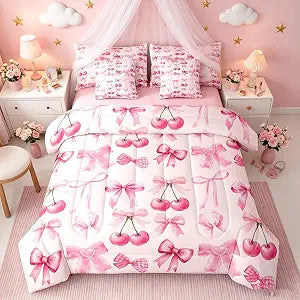 Feelyou Cherry Bow Comforter Set with Sheets 7 Piece Twin Size for Girls