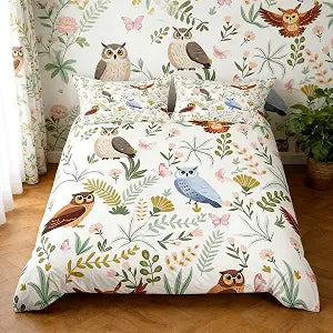 Homewish Cartoon Owl Duvet Cover Set Full Size,Wild Animal Cute Blue Brown Owl Comforter Cover with 2 Pillowcases,Kawaii Pink Butterfly Floral Leaves Breathable Bedspread for Boys Teens