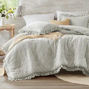 Degrees of Comfort Ruffle Edge Comforter Set - Full/Queen Gray, Farmhouse All-Season 3 PCS Bedding Set with Modern Neutral Design for Easy Care Bedrooms