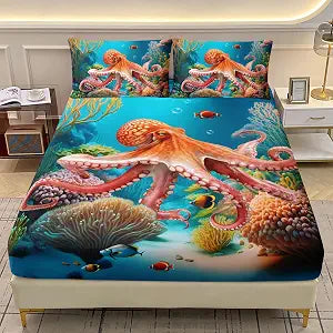AILONEN Octopus Fitted Sheet Twin Size, 3D Octopus Turquoise Themed Bedding Sets for Kids Boys,Boho Mandala Ocean Theme Bed Sheets Set,3 Pieces,1 Soft Breathable Fitted Sheet and 2 Pillowcases