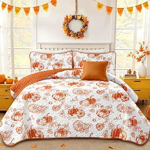 Xruibed Thanksgiving Fall Harvest Quilt Set Queen Orange Pumpkin Bedspreads
