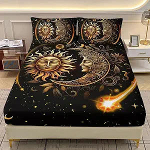 AILONEN Bohemian Sun and Moon Bedding Set Queen Size 3-Piece Fitted Sheet Set with Star and Moon Accents,Bohemian Design for a Stylish and Cozy Bedroom Decor,1 Fitted Sheet + 2 Pillowcases