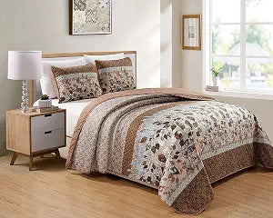 Luxury Home Collection 2 Piece Twin/Twin XL Quilted Reversible Coverlet Bedspread Set Floral Printed Leaves Taupe Beige Brown Light Blue Rust