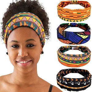 WILLBOND 4 Pieces African Headbands Knotted for Women Wide Headbands Non Slip Yoga Stretchy Turban Hair Scarfs Workout Printed Headwrap Hair Accessories for Women and Girls