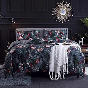 Green Floral Duvet Cover Queen 3 Pieces Soft Microfiber Bedding Duvet Cover with Pink Flower Leaves Bird Pattern Reversible Striped Bedding Set Zipper Ties