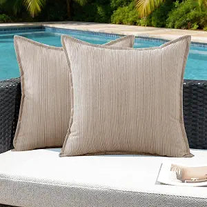 VAKADO Outdoor Waterproof Throw Pillow Covers 16x16 Set of 2,Chenille UV Decorative with Hem Patio Furniture Cushion Cases Decor for Bench Garden Tent Chair Seat Porch Couch,Stripe Beige