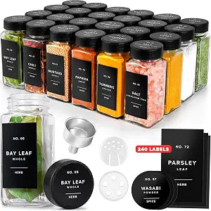 EDELHAUS Glass Spice Jars with Labels, 24x Matte Black Lids - 4oz Set