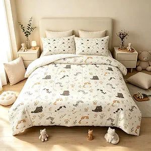 kxry Cream White Cat Comforter Set Twin Soft Bedding for Girls Bedroom