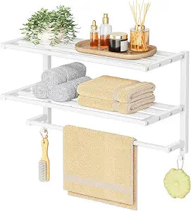 HOOBRO 23.8" Towel Rack for Bathroom, 3 Tier Towel Shelf with Tower Bars, Bathroom Storage Organizer for Towels and Toiletries, Towel Holder Wall Mounted with 2 Hooks, White WT08LB01